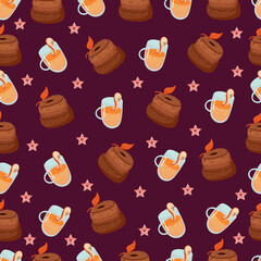 Fototapeta na wymiar Autumn hand drawn seamless pattern with seasonal elements on violet background. Great for fabric, wallpaper, textile, packaging. Vector illustration.