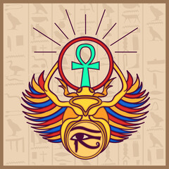 Egyptian Scarab bug with wings And ankh , Eye of Horus symbol.eps
 - obrazy, fototapety, plakaty
