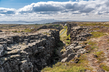 Panoramic view of the Almannagja rift valley at the Thingvellir national park in Iceland