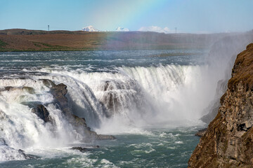The upper stage of waterfall Gullfoss, main landmark of the golden circle, in Iceland