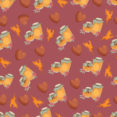 Autumn hand drawn seamless pattern with seasonal elements on violet background. Great for fabric, wallpaper, textile, packaging. Vector illustration.