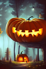 a giant pumpkin cabin in the middle of a forest at night - digital painting - illustration 