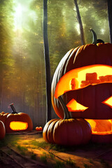 a giant pumpkin cabin in the middle of a forest at night - digital painting - illustration 