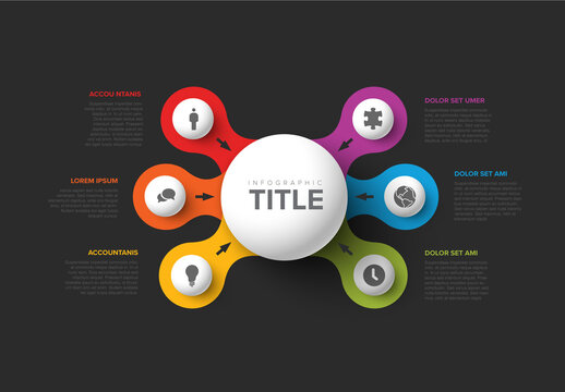 Simple Dark Infographic with Big Center Sphere and Six Small Icon Elements