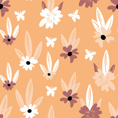 Seamless floral pattern based on traditional folk art ornaments. Colorful flowers on color background. Scandinavian style. Sweden nordic style. Vector illustration. Simple minimalistic pattern