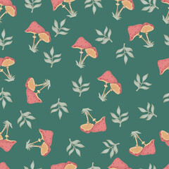 Obraz premium Autumn hand drawn seamless pattern with seasonal elements on green background. Great for fabric, wallpaper, textile, packaging. Vector illustration.