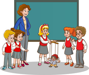 female student performing puppet show to her friends in class