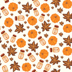 Autumn hand drawn seamless pattern with seasonal elements on white background. Great for fabric, wallpaper, textile, packaging. Vector illustration.