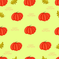 Autumn hand drawn seamless pattern with seasonal elements on green background. Great for fabric, wallpaper, textile, packaging. Vector illustration.