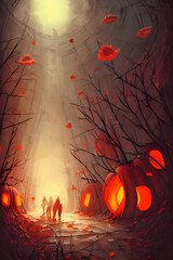 a giant halloween pumpkin house and an old spooky alley - digital - painting -  illustration 