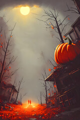 a giant halloween pumpkin, an old spooky alley and two kids - digital painting -  illustration 