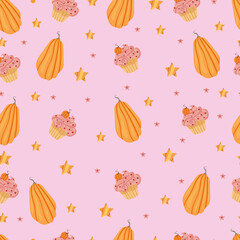 Autumn hand drawn seamless pattern with seasonal elements on pink background. Great for fabric, wallpaper, textile, packaging. Vector illustration.