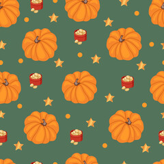 Autumn hand drawn seamless pattern with seasonal elements on green background. Great for fabric, wallpaper, textile, packaging. Vector illustration.