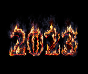 2023 year on the black background with fire