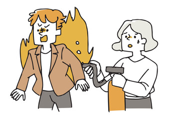 激しく怒っている男性の怒りを消火しようとする女性　職場の人間模様や困った人の様子