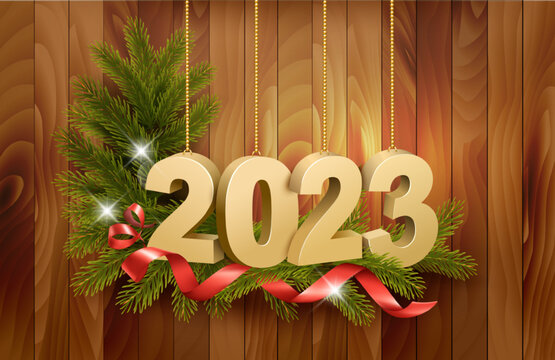 Merry Christmas and Happy New Year 2023. Golden 3D numbers with red ribbons, branch of christmas tree on a wooden background. Vector