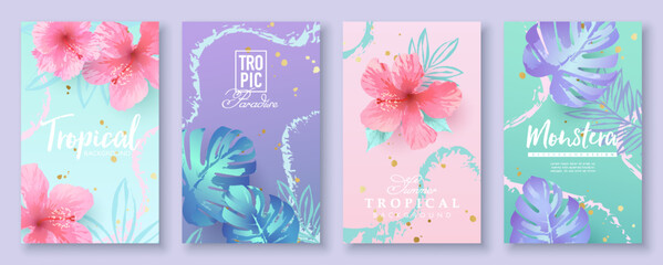 Set of trendy tropical backgrounds with jungle flowers and plants. Vector design template for social media.