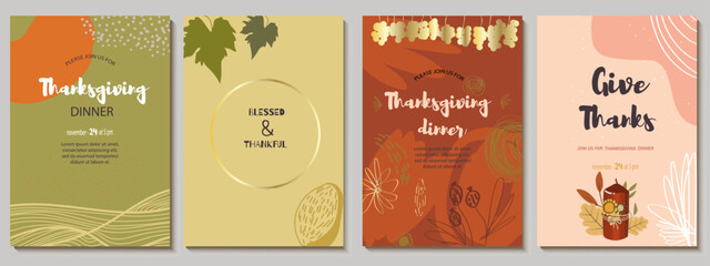 Set of invitations, menu, card design with abstract flowers, blots, autumn palette, candle and oak leaves. Suitable for Thanksgiving dinner.Vector illustration.