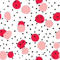Abstract hand drown polka dots background. White dotted seamless pattern with color circles. Template design for invitation, poster, card, flyer, textile, fabric
