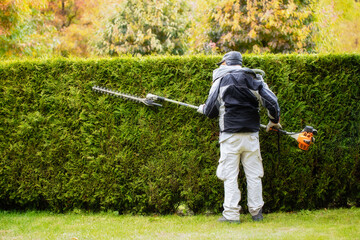 A gardener with automatic shears cuts a hedge