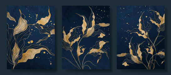 Luxury abstract art background with flowers in gold and blue in line style. Botanical set of hand drawn posters for print design, packaging, invitations, decor, textiles, wallpapers. - obrazy, fototapety, plakaty