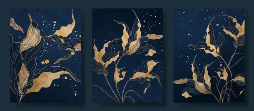 Luxury abstract art background with flowers in gold and blue in line style. Botanical set of hand drawn posters for print design, packaging, invitations, decor, textiles, wallpapers.
