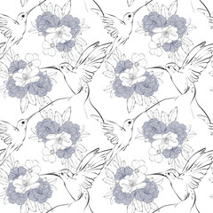Watercolor flower bouquet and line art hummingbirds seamless pattern. Cute kids seamless design for fabric, texile print, dress print. Hand drawn birds and floral wreath on white background
