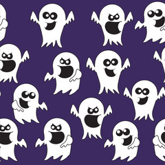 Cute ghosts trying to scare. Seamless pattern vector illustration isolated on purple background.