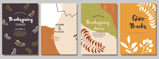 Set of invitations, menu, card design with abstract flowers, blots, autumn palette, candle and oak leaves. Suitable for Thanksgiving dinner.Vector illustration.