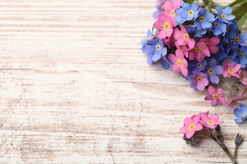 Beautiful Forget-me-not flowers on white wooden table, above view. Space for text