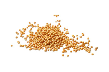 Many whole mustard seeds on white background