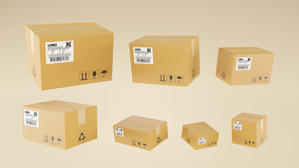 3D render of realistic cardboard brown delivery boxes mockup set from side, front and top view open and closed isolated on brown background. delivery cargo box with fragile care sign symbol.