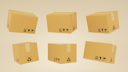 3D render of realistic cardboard brown delivery boxes mockup set from side, front and top view open and closed isolated on brown background. delivery cargo box with fragile care sign symbol.