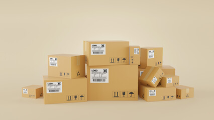 3D render of pile of stacked realistic cardboard brown delivery boxes mockup on brown background. delivery cargo box with fragile care sign symbol, handling with care. Parcel packaging template.