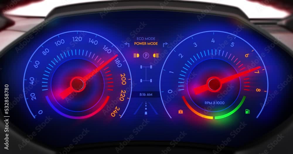 Aufkleber Racing Car Speedometer And Tachometer Pushing The Limits. Powerful V8 Engine Working In Flames. Technology And Industry Related 3D Animation.
