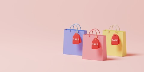 3D rendering shopping bags with sale tag on pink background. Sale campaign, discount concept