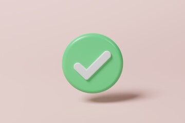 Check, correct, like mark in a circle icon on pink background. Checklist, poll, vote concept. 3d rendering