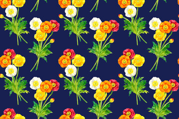 ポピー（ヒナゲシ）のシームレスパターン　春の花柄の手描き水彩イラストテキスタイル