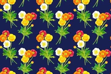 Foto op Canvas ポピー（ヒナゲシ）のシームレスパターン　春の花柄の手描き水彩イラストテキスタイル © 一色いっさ