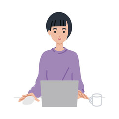 デスクで座ってPCを使っているリモートワークの女性