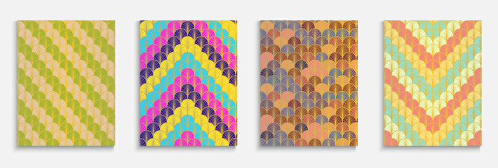 Chinese Gold Fan Minimal Cover Set. Trendy Dynamic Deco Fabric Backgroud. Kimono Stripes Cover. Traditional Geometric Print. Japanese Retro Folder Set. Bright Color Ancient A4 Design.