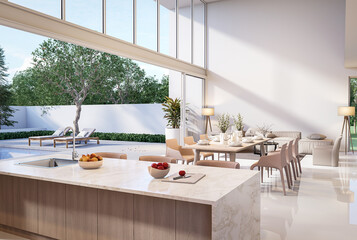 Modern style house interior with pool terrace background 3d render,decorated with brown furniture,There are large open sliding door Overlooking swimming pool and nature view.