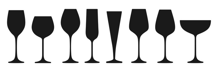 Wineglass different types silhouette set. Glass for red, sparkling wine champagne liquor alcohol beverages, engraving various shapes. Winemaking monochrome advertisement design for cafe, restaurant