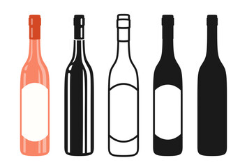 Wine bottle symbol set, silhouette, icon, stamp engraving design. Alcohol beverages red rose wine, champagne. Celebration winemaking advertisement bottles mockup for bar, cafe, restaurant vector