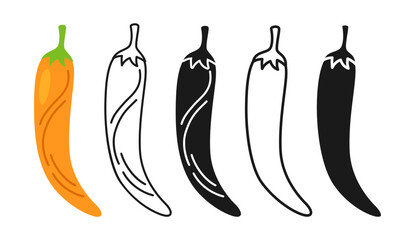 Red chilli pepper cartoon linear symbol set, doodle style, silhouette. Fresh vegetable icon, organic healthy food spice spicy pepper design. Agricultural vegetarian kitchen, farm market vector