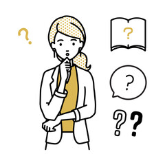 立って手をあごにあてて疑問を感じているジャケットの女性 クエスチョンマークのセット