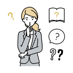 立って手をあごにあてて疑問を感じているスーツの女性 クエスチョンマークのセット