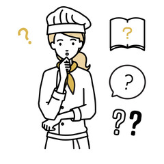 立って手をあごにあてて疑問を感じている調理師の女性 クエスチョンマークのセット