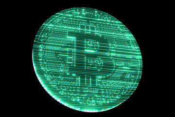 3D rendering illustration .Bitcoin Digital hologram coin isolated on black background.Cryptocurrencies new digital Physical coin. currency money
