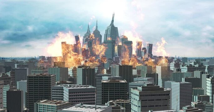 Powerful Explosion In The City Center. Buildings Collapsing. War And Destruction Related CG Concept.
